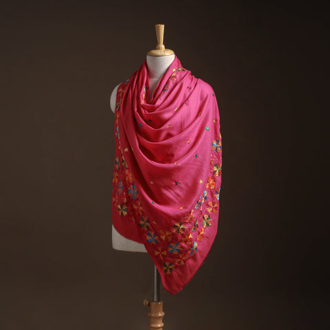 Pink - phulkari hand embroidered wool shawl 13 - handcrafted