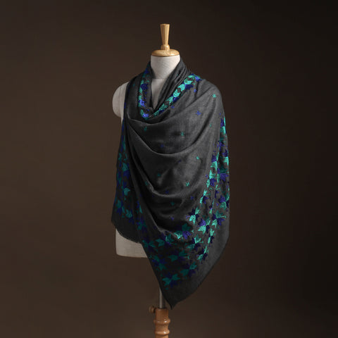 Black - phulkari hand embroidered wool shawl 14