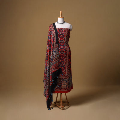 Ajrakh Hand Block Print Natural Dyed Modal Silk Unstitched Dress Material: Kurta with Dupatta 18