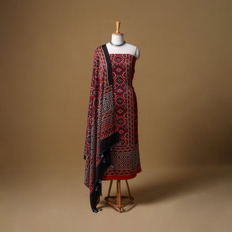 Ajrakh Hand Block Print Natural Dyed Modal Silk Unstitched Dress Material: Kurta with Dupatta 18