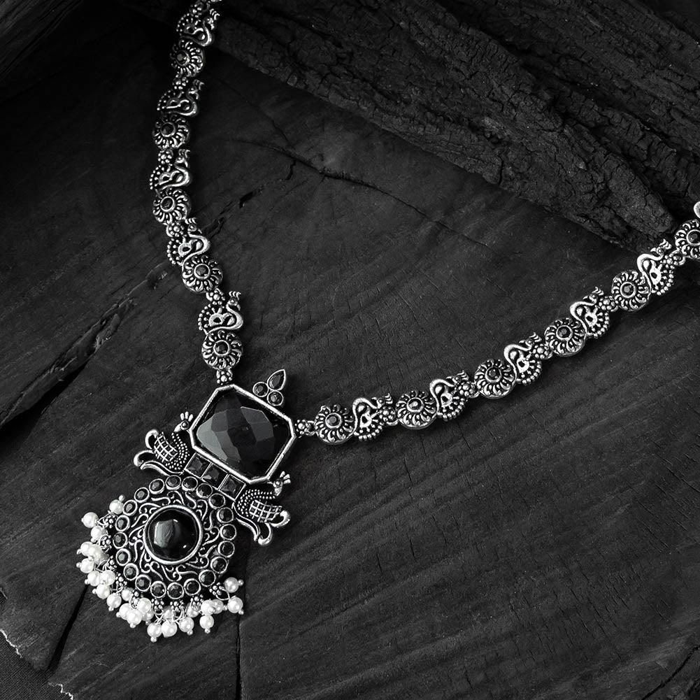 Black - saanjh bela peacock oxidised necklace set