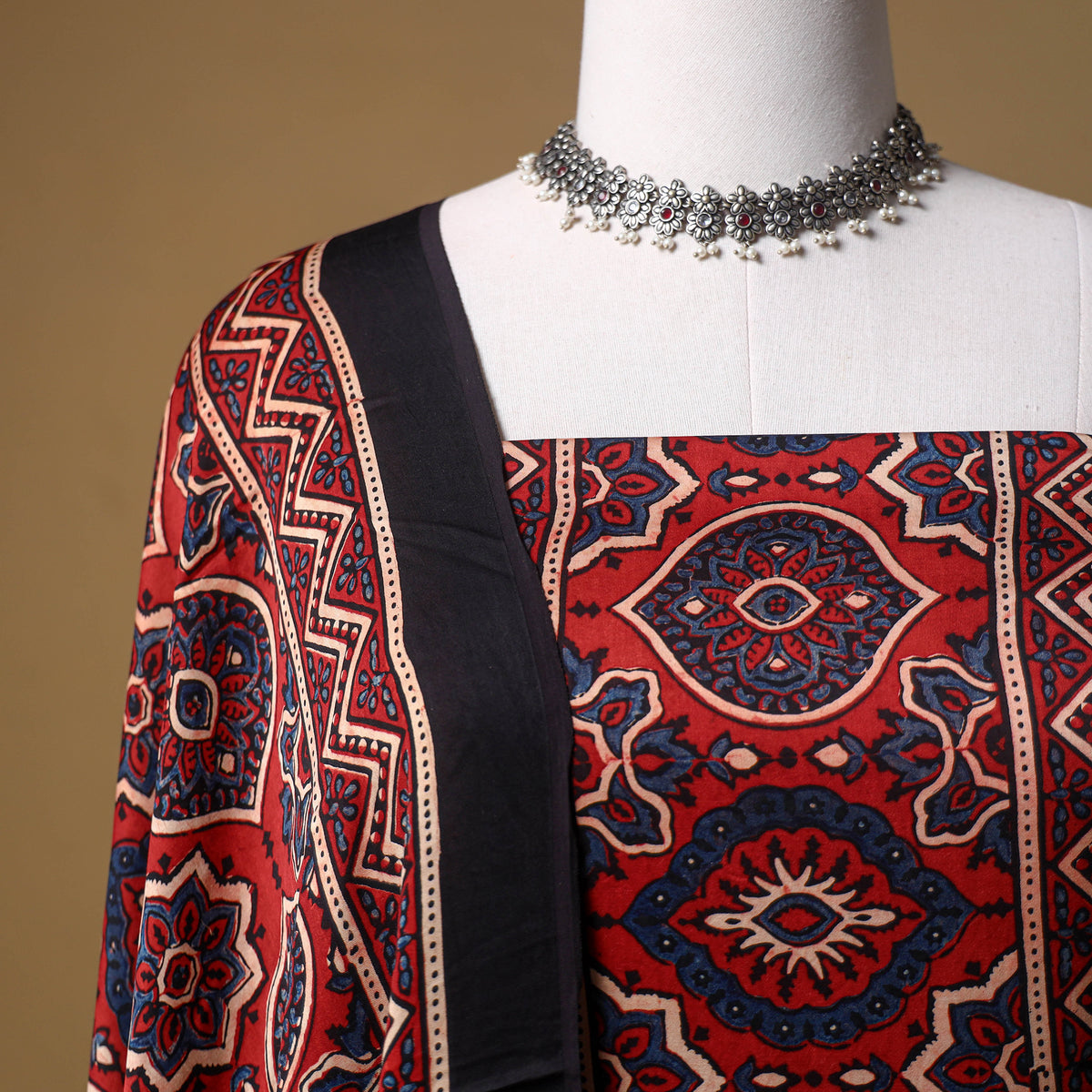 Ajrakh Hand Block Print Natural Dyed Modal Silk Unstitched Dress Material: Kurta with Dupatta 18