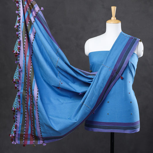 Blue - 3pc Kutch Bhujodi Weaving Mirror Work Handloom Fine Cotton Suit Material Set