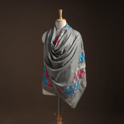 Grey - phulkari hand embroidered wool shawl 15 - handcrafted