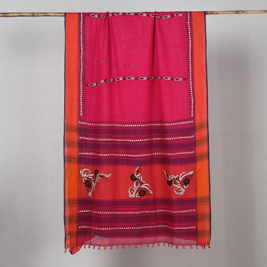 Pink - Bengal Kantha Hand Embroidery Cotton Handloom Saree with Tassels 38