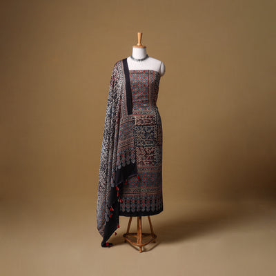 Ajrakh Hand Block Print Natural Dyed Modal Silk Unstitched Dress Material: Kurta with Dupatta 19