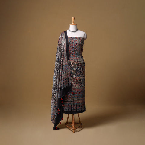 Ajrakh Hand Block Print Natural Dyed Modal Silk Unstitched Dress Material: Kurta with Dupatta 19