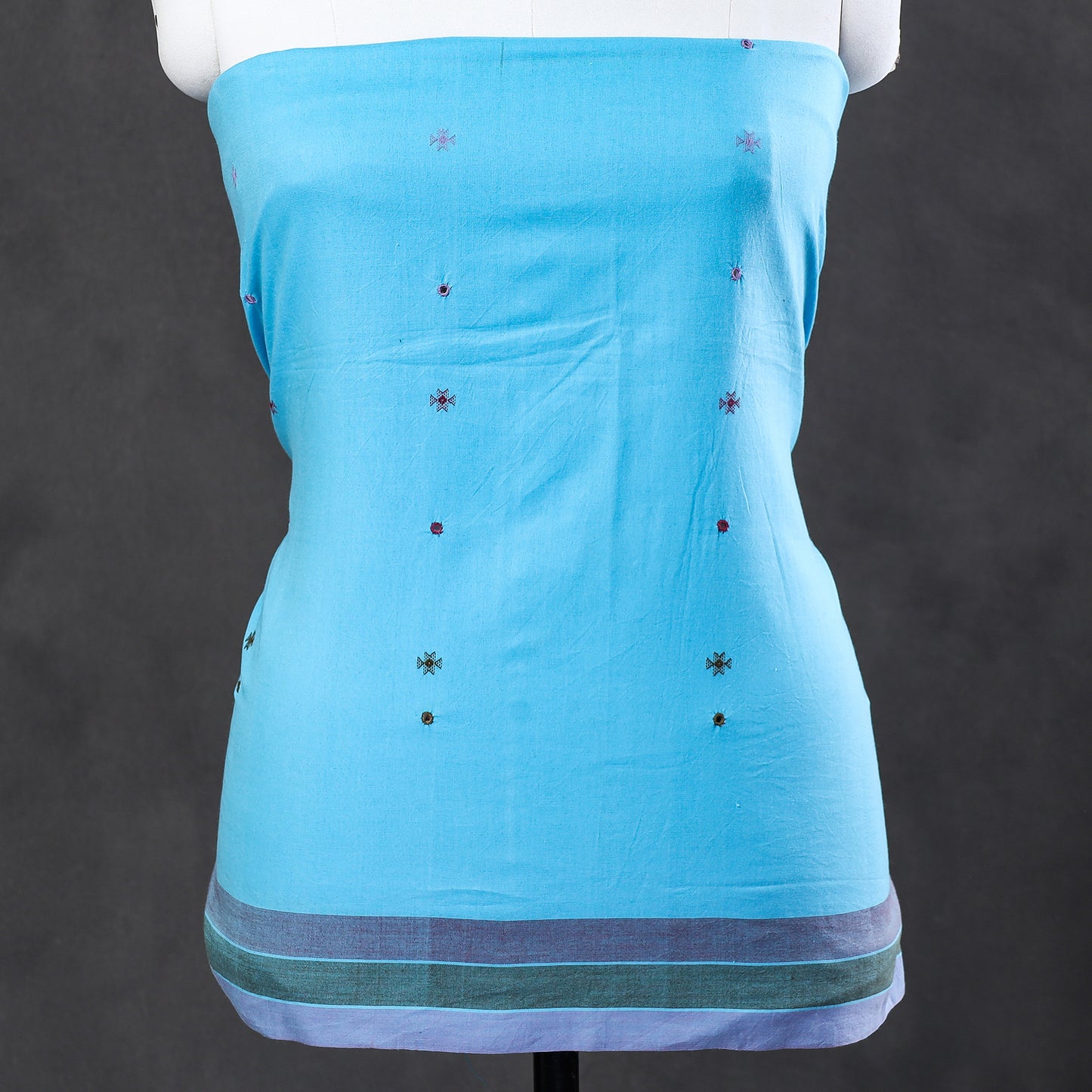 Blue - 3pc Kutch Bhujodi Weaving Mirror Work Handloom Fine Cotton Suit Material Set