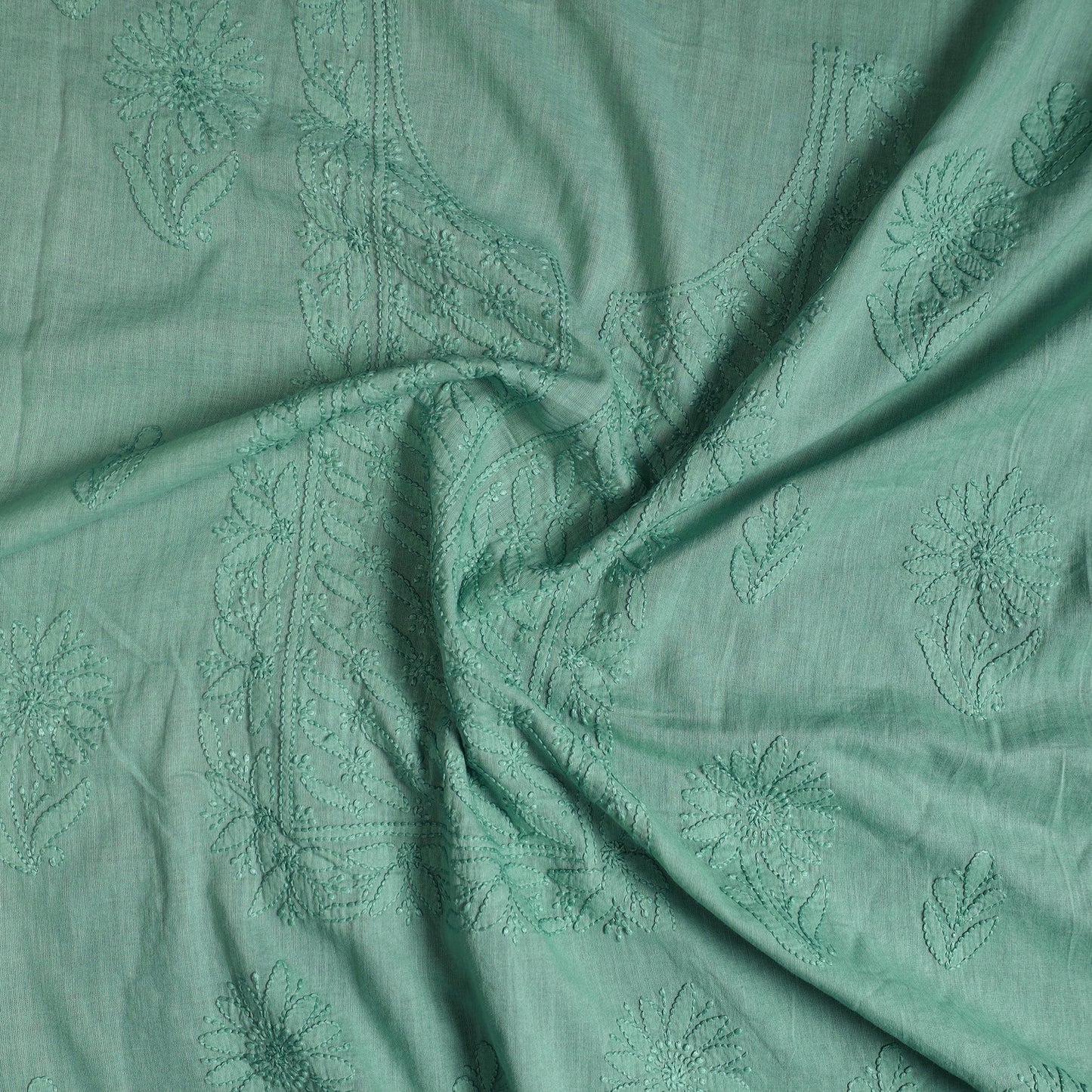 Green - Hand Embroidery Mul Cotton Chikankari Kurta Material - (3.1m) 63