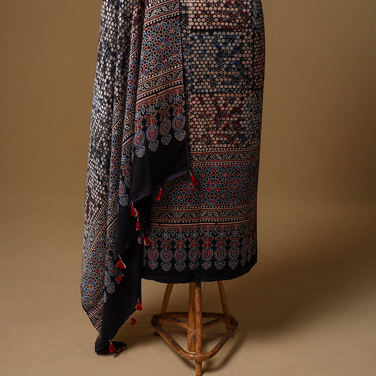 Ajrakh Hand Block Print Natural Dyed Modal Silk Unstitched Dress Material: Kurta with Dupatta 19