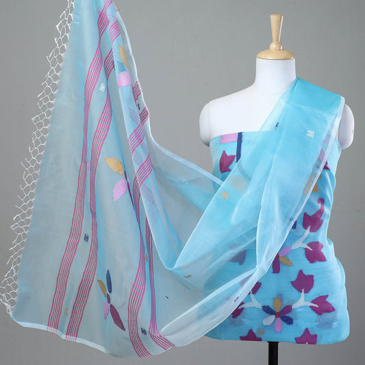 Blue - 2pc Phulia Jamdani Weave Handloom Muslin Silk Suit Material Set