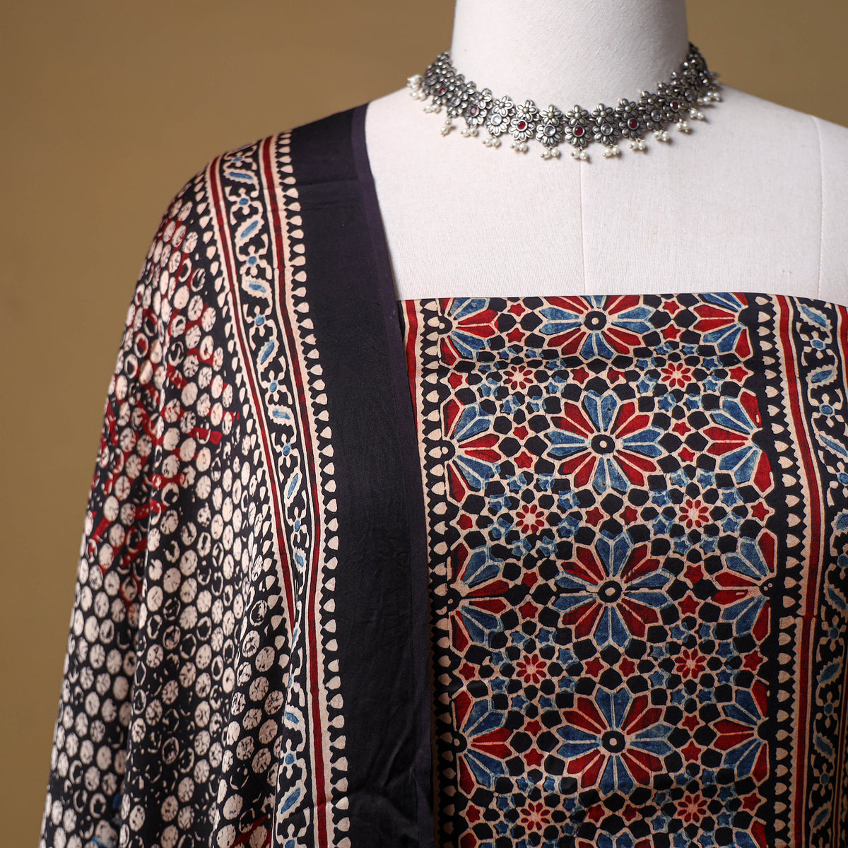 Ajrakh Hand Block Print Natural Dyed Modal Silk Unstitched Dress Material: Kurta with Dupatta 19
