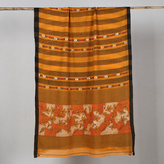 Brown - Bengal Kantha Hand Embroidery Cotton Handloom Saree 01