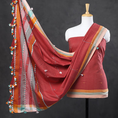 Red - 3pc Kutch Bhujodi Weaving Mirror Work Handloom Fine Cotton Suit Material Set
