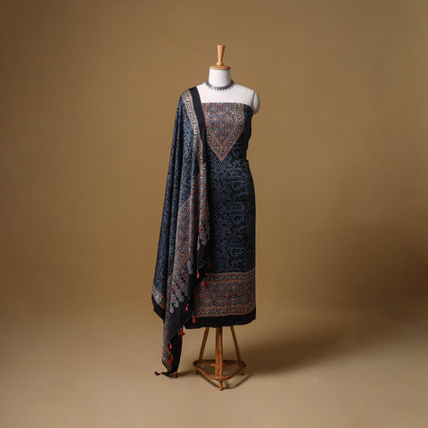 Ajrakh Hand Block Print Natural Dyed Modal Silk Unstitched Dress Material: Kurta with Dupatta 22
