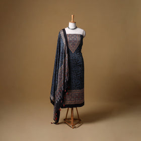 Ajrakh Hand Block Print Natural Dyed Modal Silk Unstitched Dress Material: Kurta with Dupatta 22