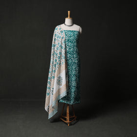 Hand Block Batik Print Cotton 2pc Unstitched Dress Material Kurta Set with Earrings 02