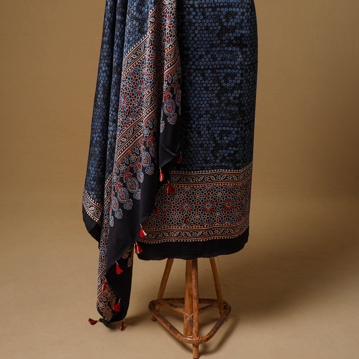 Ajrakh Hand Block Print Natural Dyed Modal Silk Unstitched Dress Material: Kurta with Dupatta 22