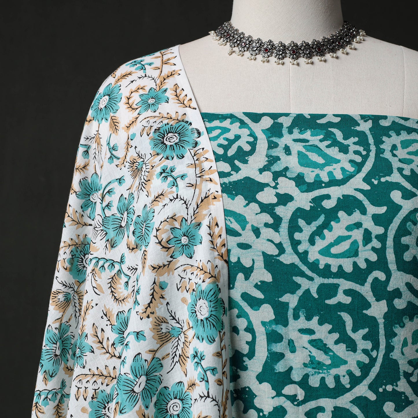 Hand Block Batik Print Cotton 2pc Unstitched Dress Material Kurta Set with Earrings 02