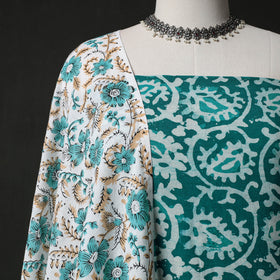 Hand Block Batik Print Cotton 2pc Unstitched Dress Material Kurta Set with Earrings 02