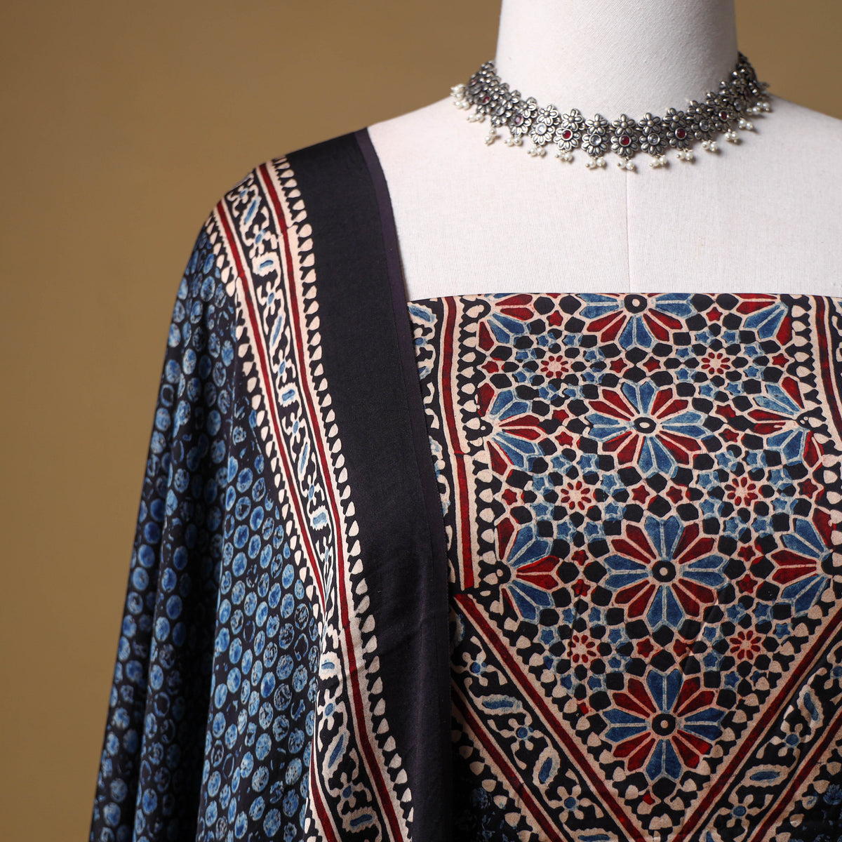 Ajrakh Hand Block Print Natural Dyed Modal Silk Unstitched Dress Material: Kurta with Dupatta 22