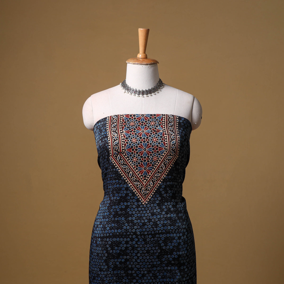 Ajrakh Hand Block Print Natural Dyed Modal Silk Unstitched Dress Material: Kurta with Dupatta 22