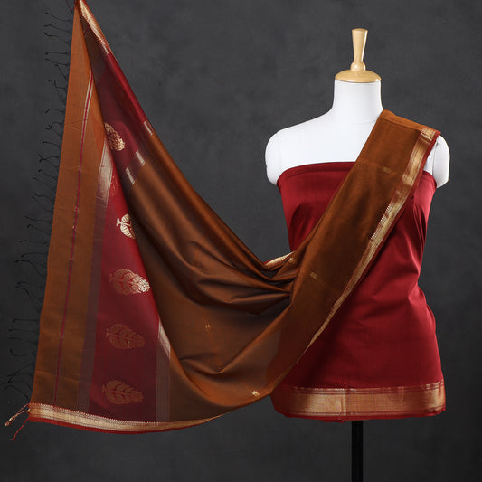 Red - 2pc Maheshwari Silk Handloom Suit Material Set with Zari Border