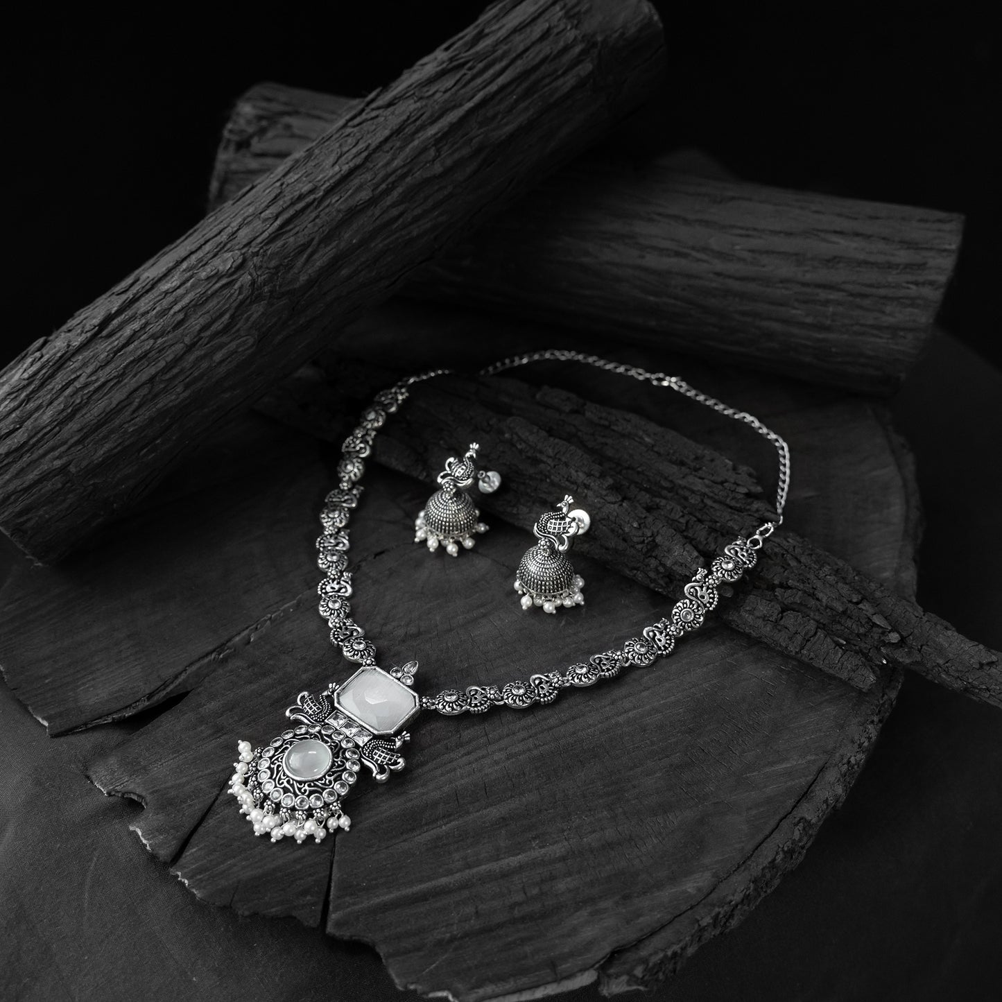 Light grey - saanjh bela peacock oxidised necklace set