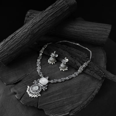 Light grey - saanjh bela peacock oxidised necklace set