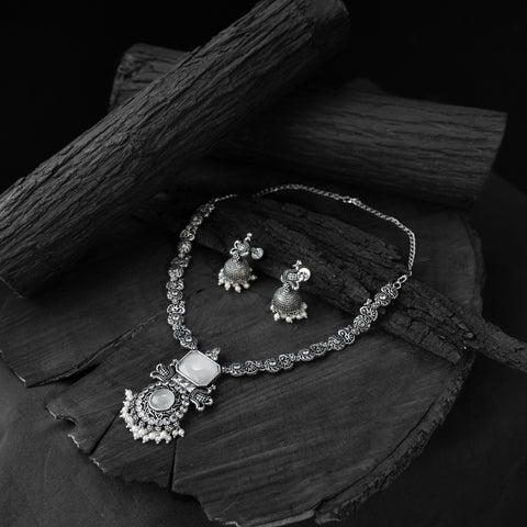 Light grey - saanjh bela peacock oxidised necklace set