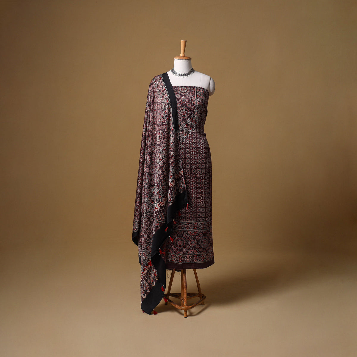 Ajrakh Hand Block Print Natural Dyed Modal Silk Unstitched Dress Material: Kurta with Dupatta 20