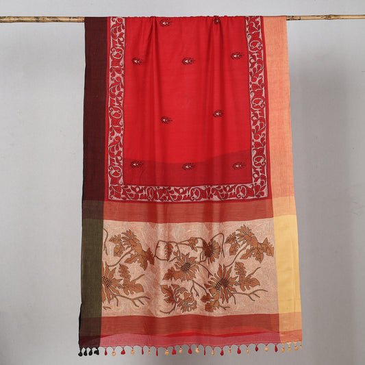 Red - Bengal Kantha Hand Embroidery Cotton Handloom Saree 26