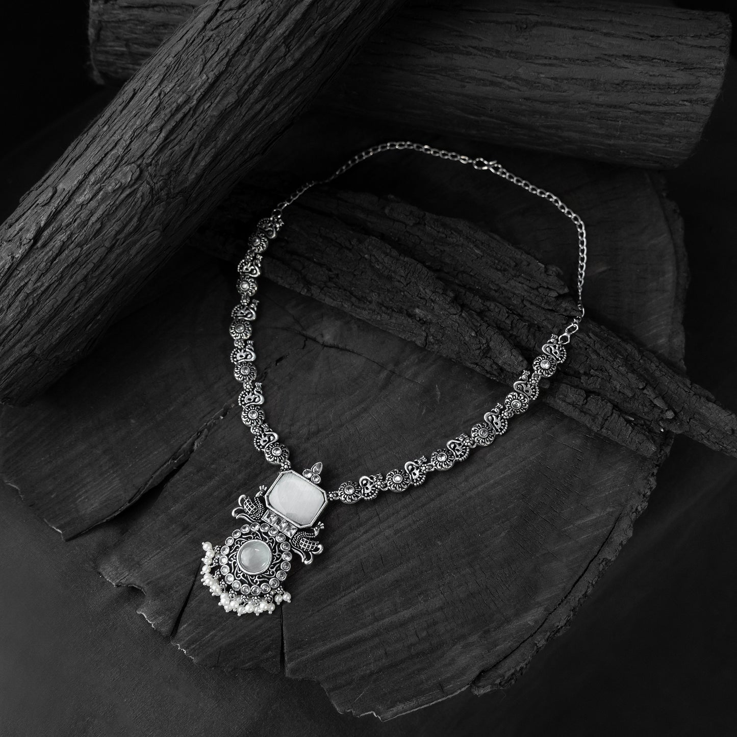 Light grey - saanjh bela peacock oxidised necklace set