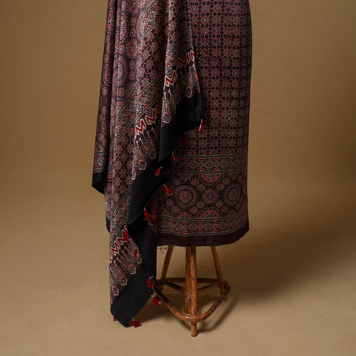 Ajrakh Hand Block Print Natural Dyed Modal Silk Unstitched Dress Material: Kurta with Dupatta 20