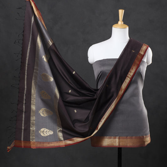 Grey - 2pc Maheshwari Silk Handloom Suit Material Set with Zari Border