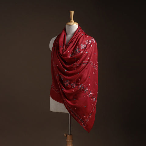 Red - phulkari hand embroidered wool shawl 17 - handcrafted