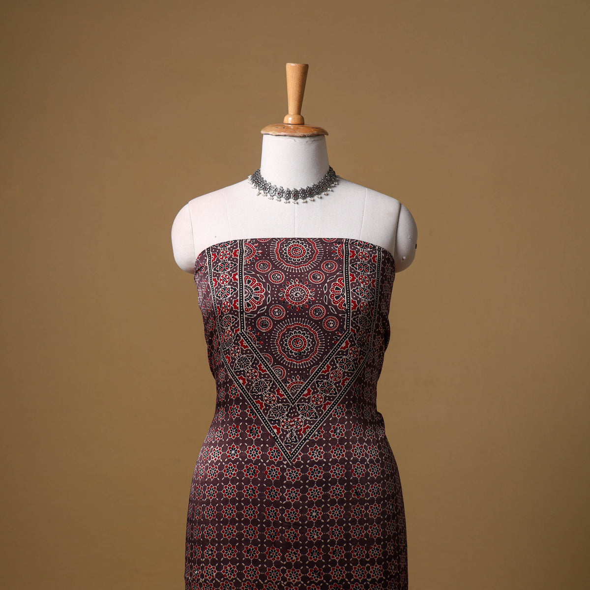 Ajrakh Hand Block Print Natural Dyed Modal Silk Unstitched Dress Material: Kurta with Dupatta 20