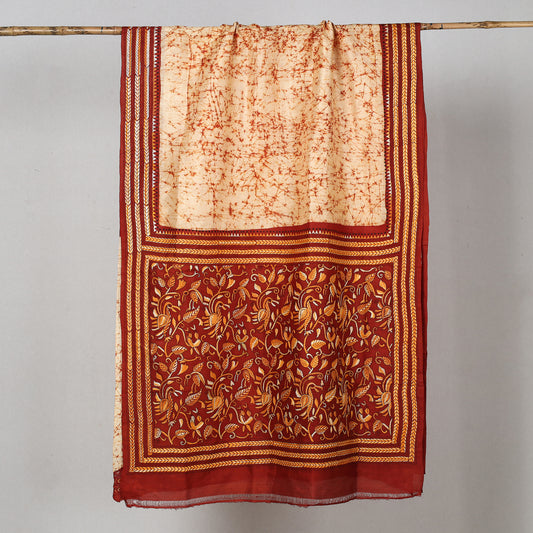 Bengal Kantha Hand Embroidery Batik Printed Tussar Silk Handloom Saree 13