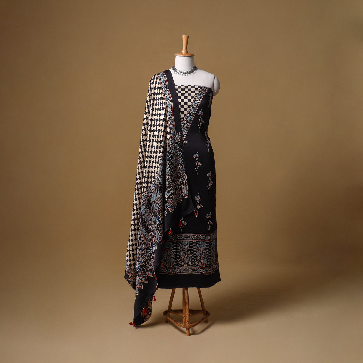 Ajrakh Hand Block Print Natural Dyed Modal Silk Unstitched Dress Material: Kurta with Dupatta 21