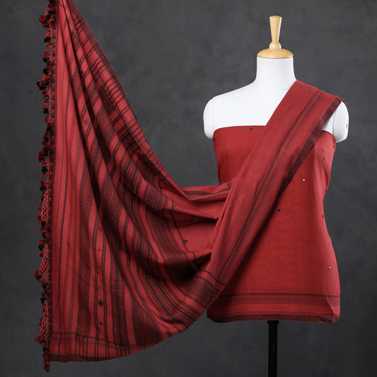Red - 3pc Kutch Bhujodi Heavy Weaving Mirror Work Handloom Fine Cotton Suit Material Set