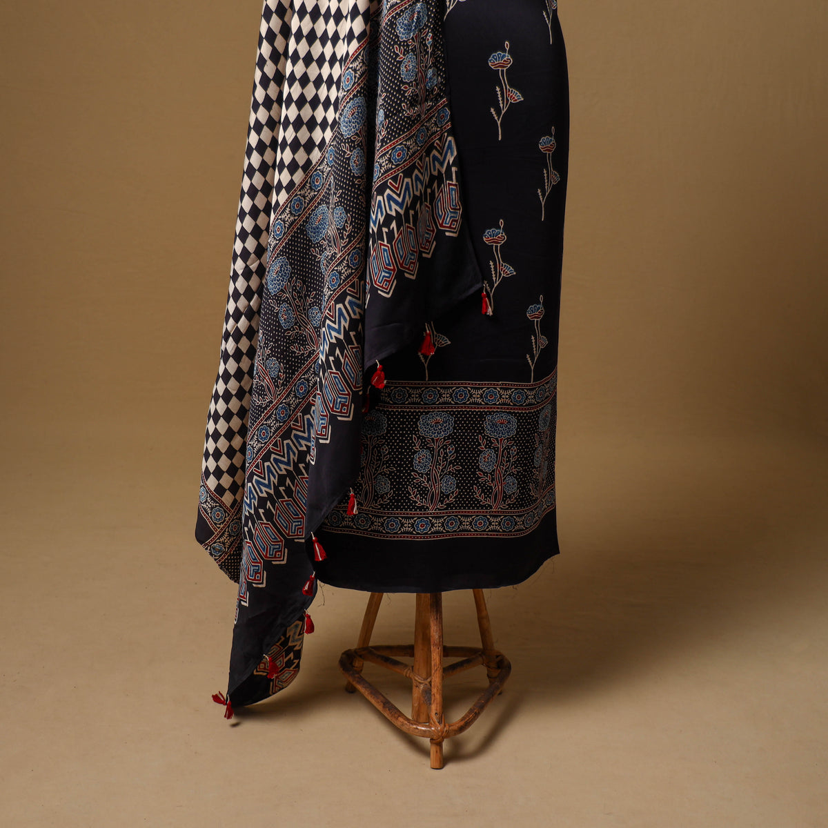 Ajrakh Hand Block Print Natural Dyed Modal Silk Unstitched Dress Material: Kurta with Dupatta 21