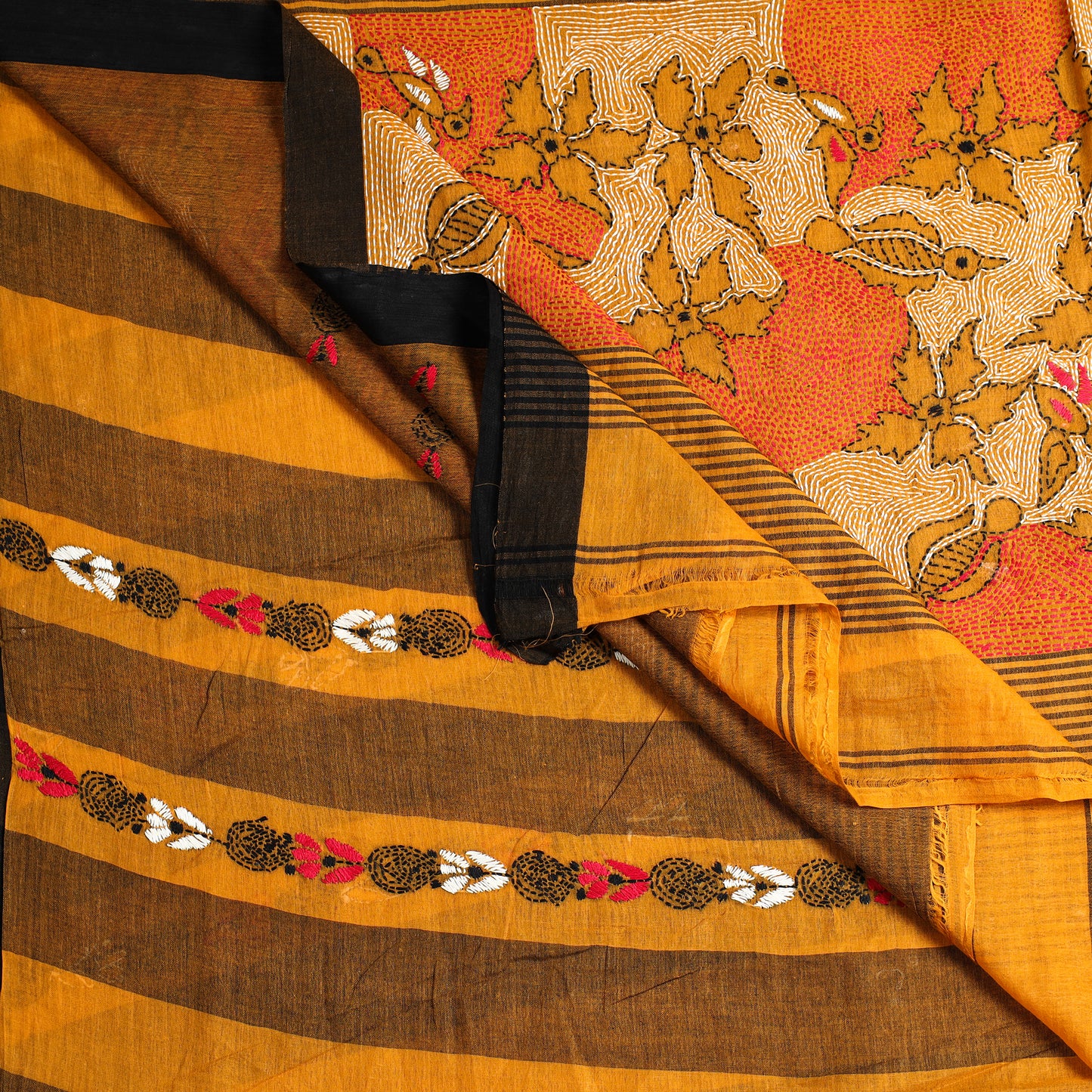 Brown - Bengal Kantha Hand Embroidery Cotton Handloom Saree 01
