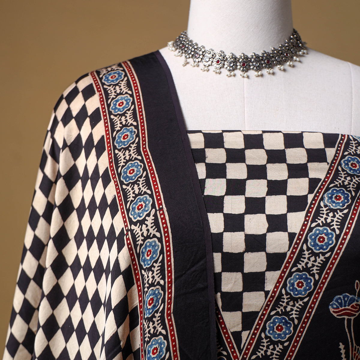 Ajrakh Hand Block Print Natural Dyed Modal Silk Unstitched Dress Material: Kurta with Dupatta 21