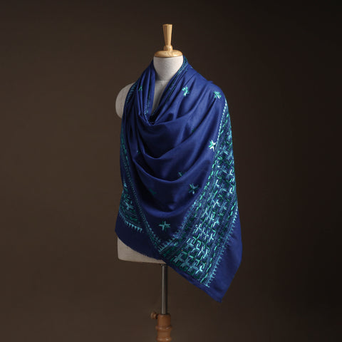 Blue - phulkari hand embroidered wool shawl 18 - handcrafted