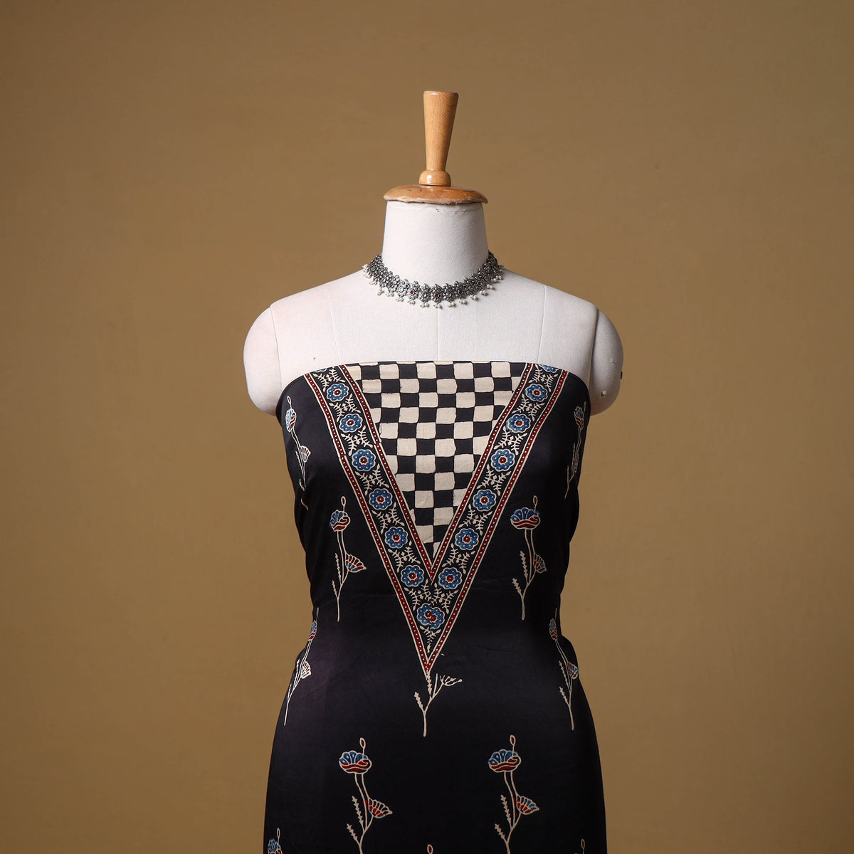Ajrakh Hand Block Print Natural Dyed Modal Silk Unstitched Dress Material: Kurta with Dupatta 21