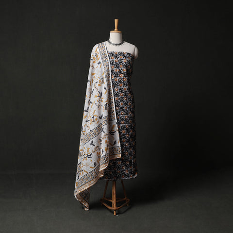 Hand Block Batik Print Cotton 2pc Unstitched Dress Material Kurta Set with Earrings 03
