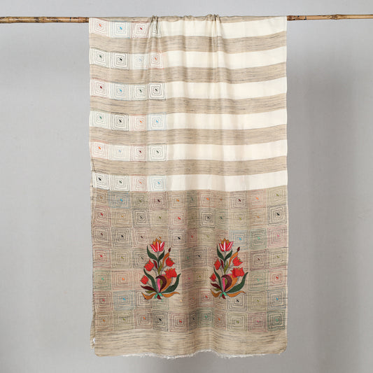 Beige - Bengal Kantha Hand Embroidery Pure Ghicha Silk Handloom Saree 24