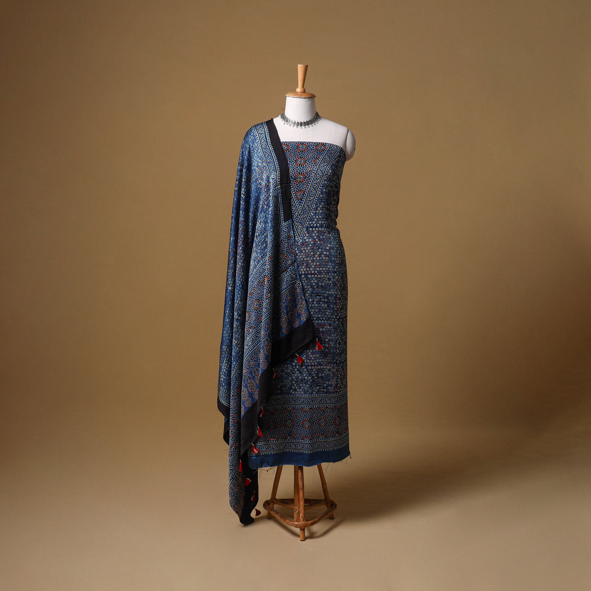 Ajrakh Hand Block Print Natural Dyed Modal Silk Unstitched Dress Material: Kurta with Dupatta 23