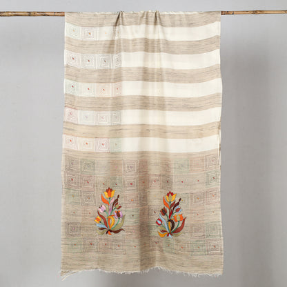 Beige - Bengal Kantha Hand Embroidery Pure Ghicha Silk Handloom Saree 25