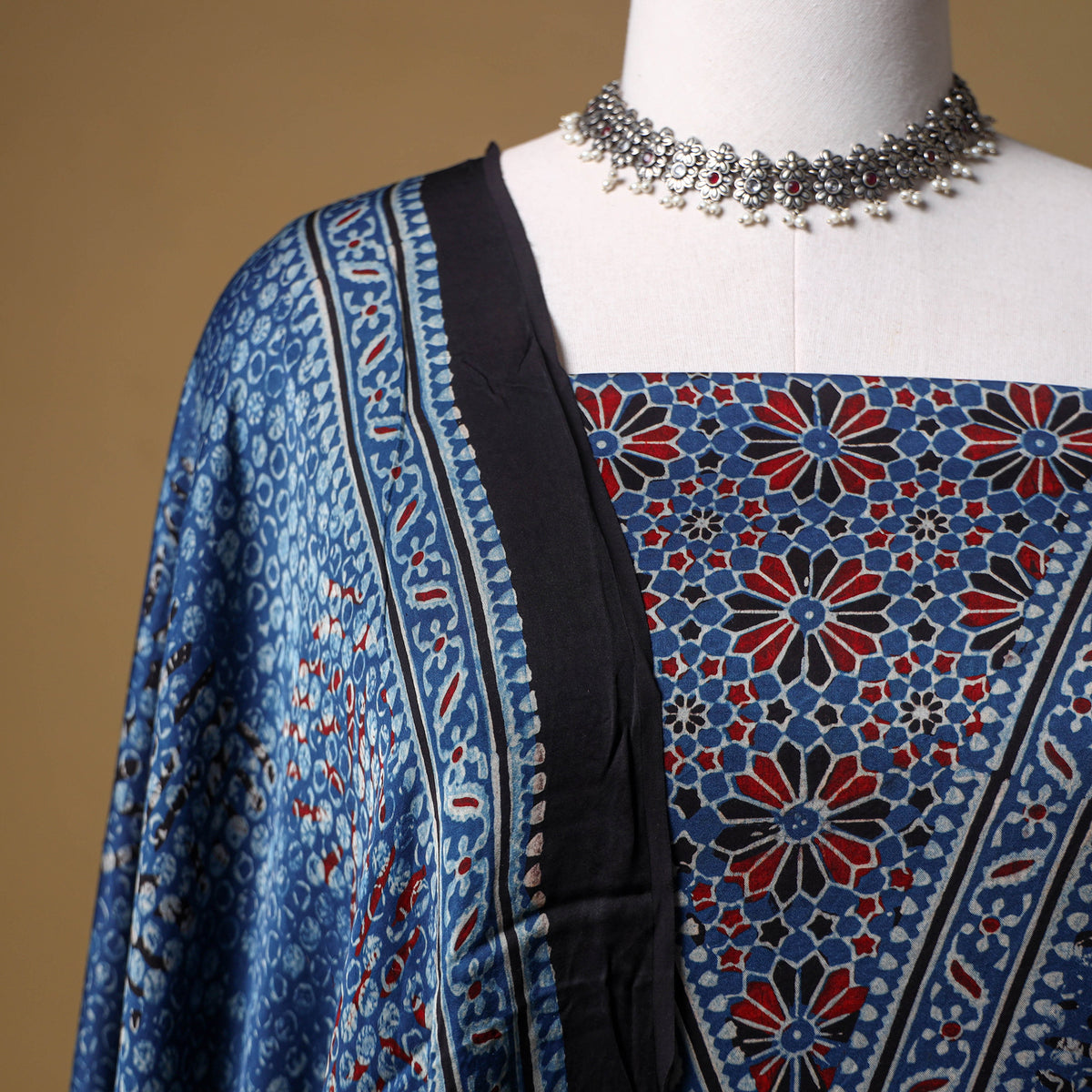 Ajrakh Hand Block Print Natural Dyed Modal Silk Unstitched Dress Material: Kurta with Dupatta 23